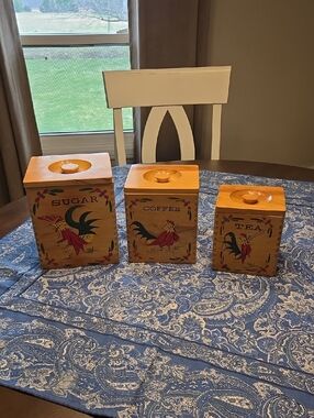 Vintage MCM Nasco Wooden Canister Set Roosters Set of 3